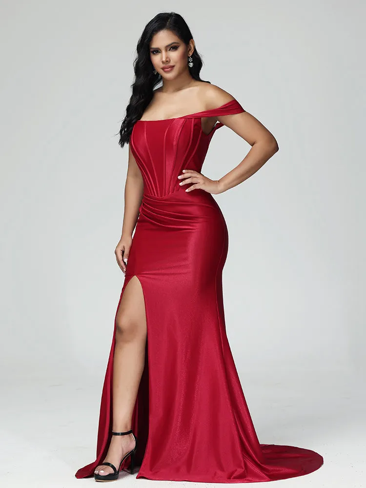 Off-Shoulder Evening Dress Satin Stretch Silky Pleated with Sweep Train in RED